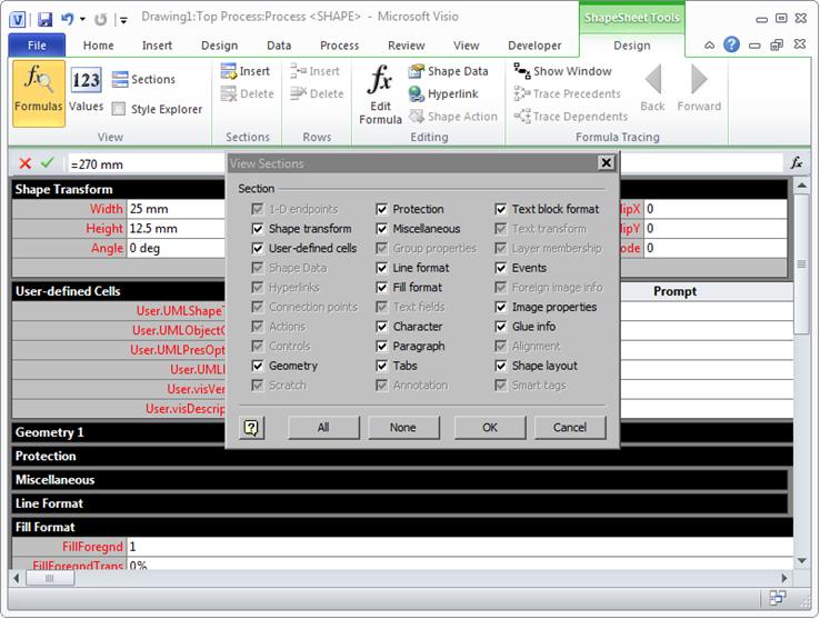 View Sections dialog box