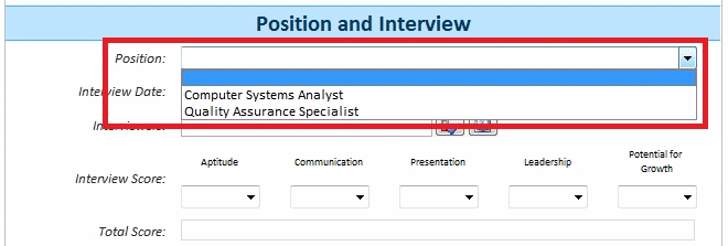 Position drop-down displaying list data