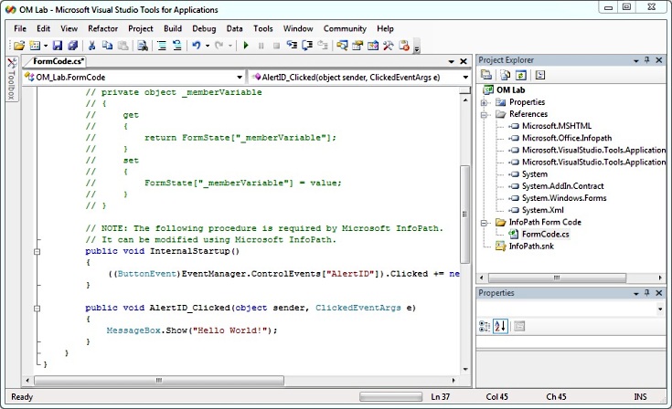 Code in Visual Studio Tools for Applications