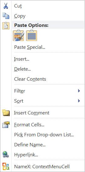Cell context menu in Excel 2010
