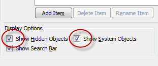 Show Hidden and Show System Objects display option