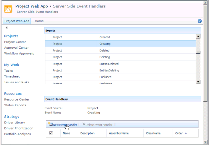 Registering the Project Creating event handler