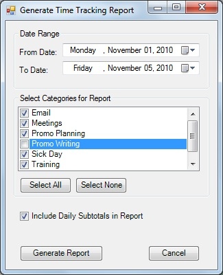 Generate Time Tracking Report dialog box