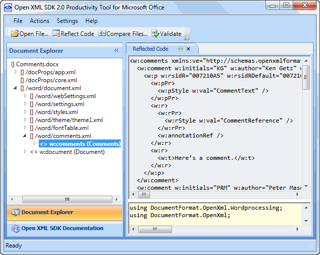 Comments in the Open XML SDK 2.0 Productivity Tool