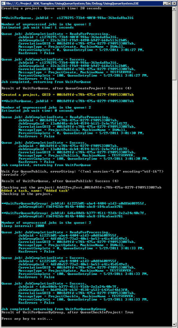 Console output of UsingQueueSystem