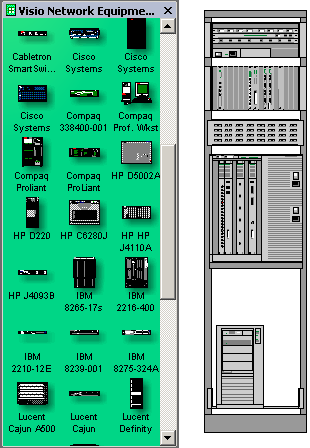 Network equipment shapes align and connect with equipment rack shapes