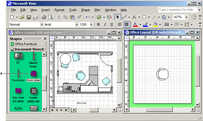 By editing the copy of a master on the document stencil (A), you edit all of its instances in the drawing page.