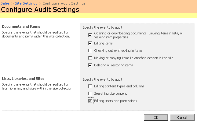AuditSettings.aspx to configure audit settings