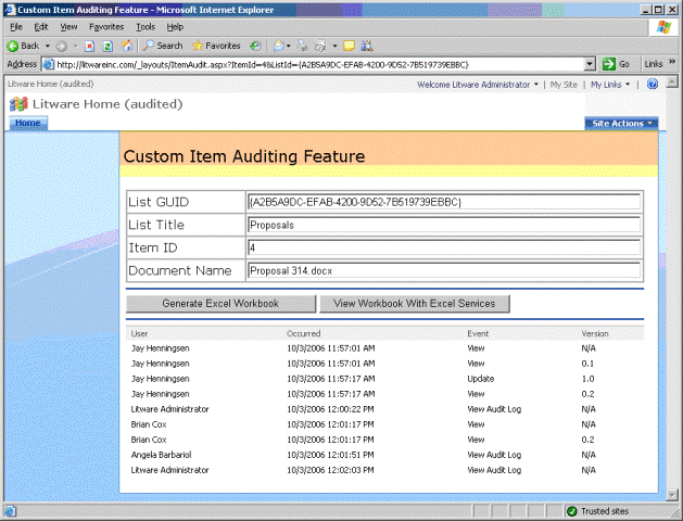 ItemAudit.aspx displays audit event information