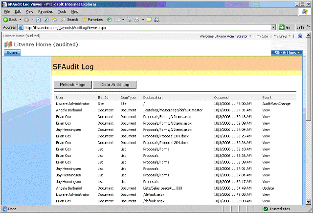 Custom application page shows audit log entries
