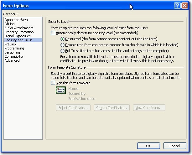 Security settings in InfoPath 2007