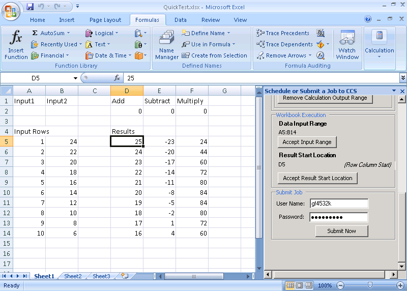 Example of returned calculated results