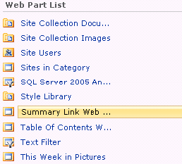 Summary Link Web Part in the Web Part pane