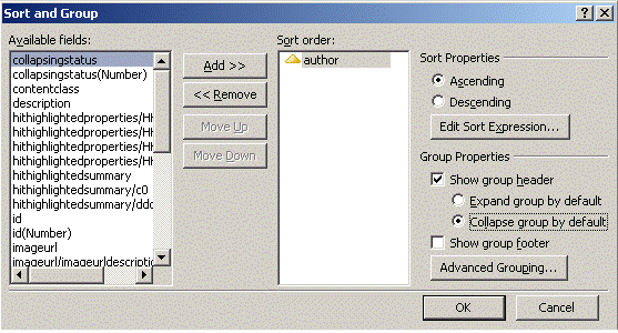 Configuration of grouping based on author field