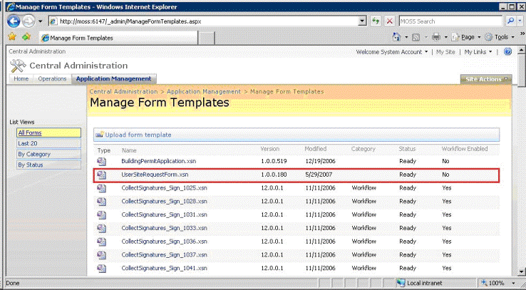 Manage Form Templates page