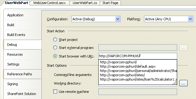 HelloWorldSharePoint debug options