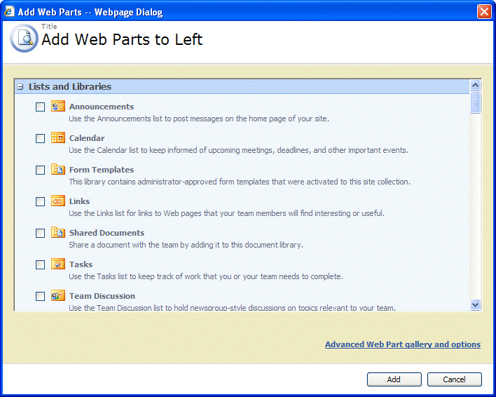 Office SharePoint Server default Web Parts