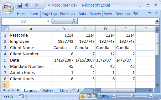 Excel spreadsheet representation of application
