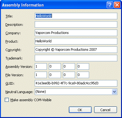 Assembly Information dialog box