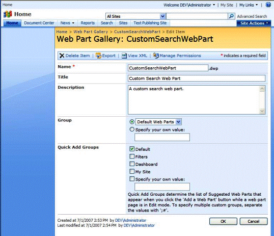 Adding the Web Part to the Web Part gallery