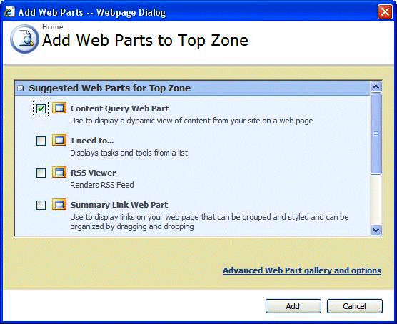 Add Web Parts dialog box
