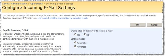 Disabling incoming e-mail settings