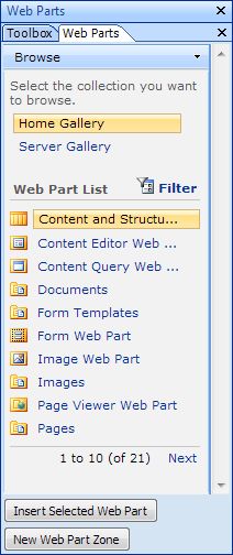 Web Parts pane in SharePoint Designer