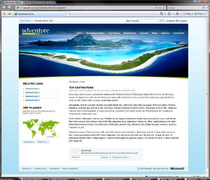 Completed Adventure Works Travel Web page in IE