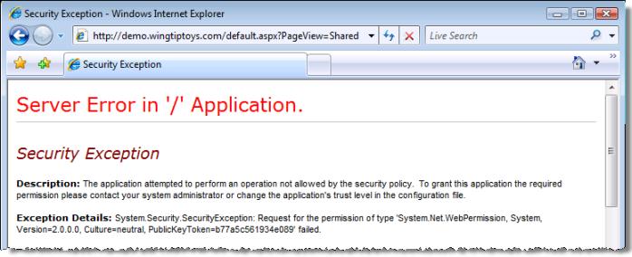 ASP.NET error page with exception details
