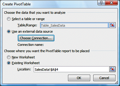 Specify the PivotTable location
