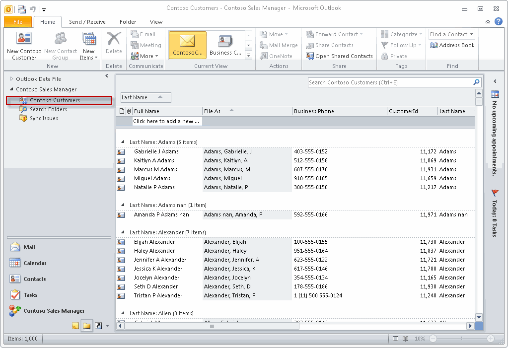 Outlook custom view of Customers folder