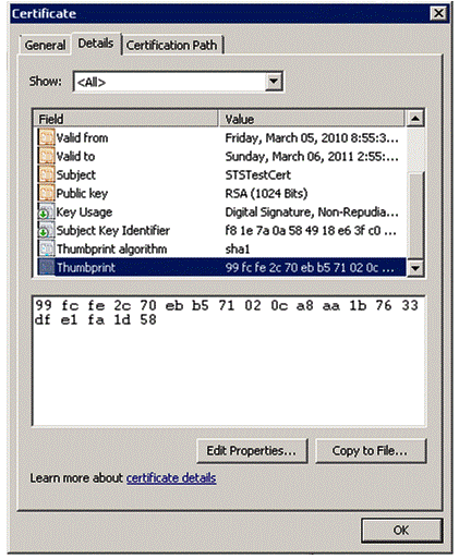 Certificate dialog box showing thumbprint