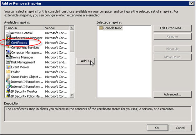Add or Remove Snap-Ins dialog box