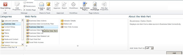 Select the Business Data Item Web Part