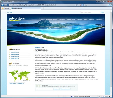 Completed Adventure Works Travel webpage in IE