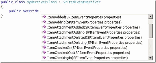 Using IntelliSense to view available events