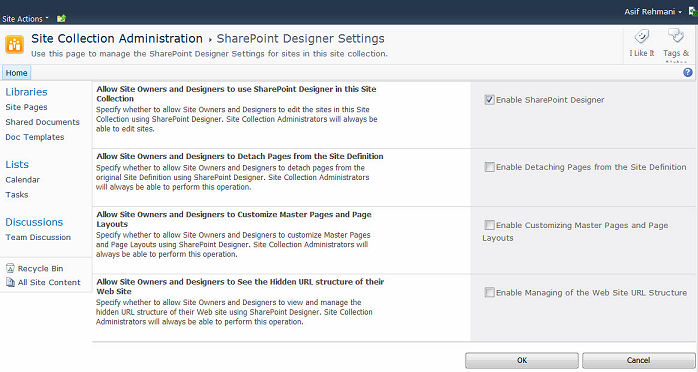 Managing settings for SharePoint Designer