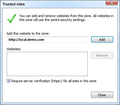 Trusted Sites dialog box