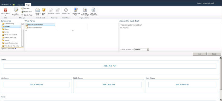 Add TasksCustomWebPart Web Part to the Page