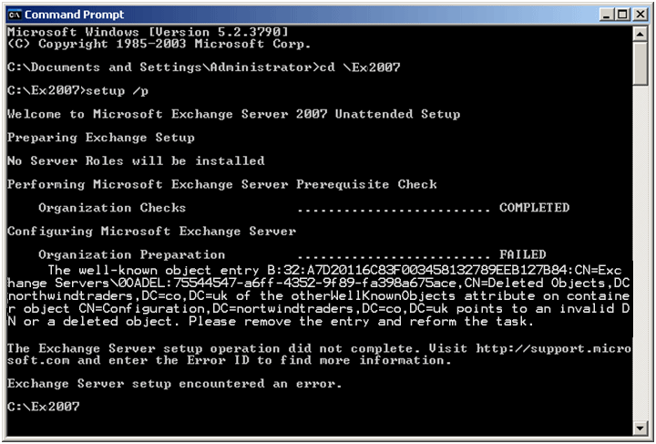 setup /P after deleting Exchange security groups