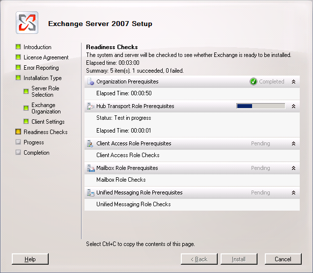 Exchange 2007 Setup Wizard Readiness Checks page