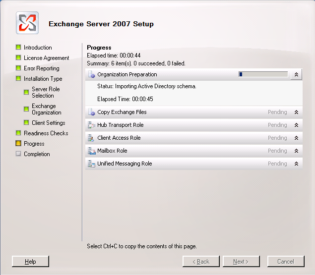 Exchange 2007 Setup Wizard Progress page