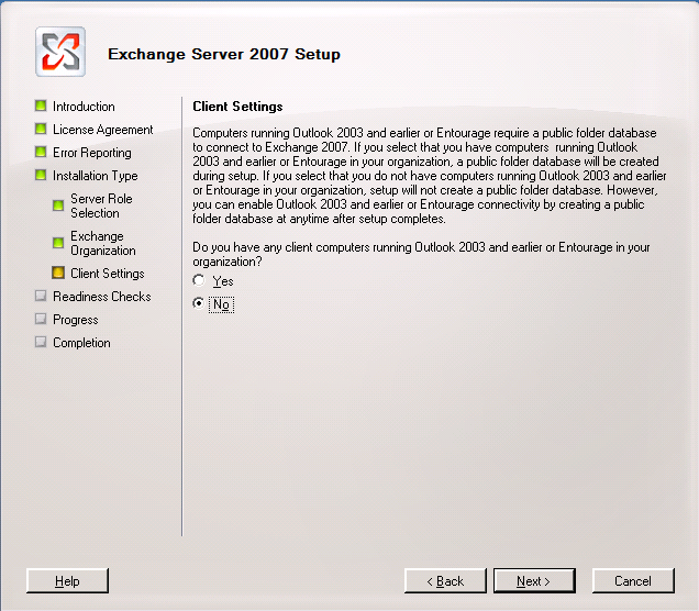 Exchange 2007 Setup Wizard Client Settings page