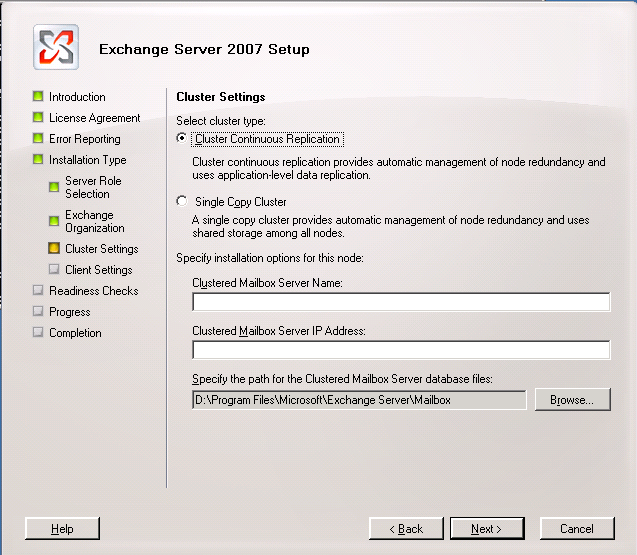 Exchange 2007 Setup Wizard Cluster Settings page