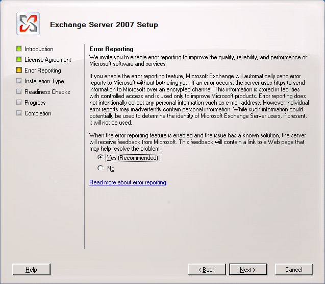 Exchange 2007 Setup Wizard Error Reporting page