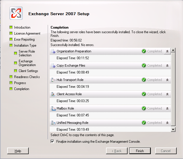 Exchange 2007 Setup Wizard Completion page