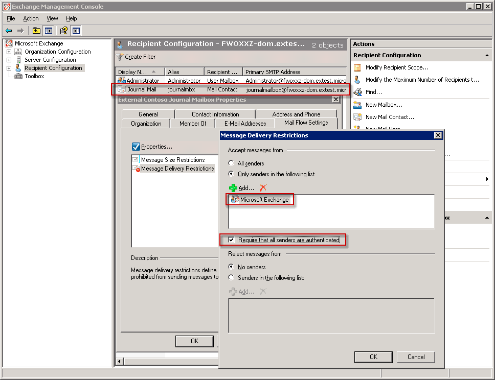 Setting Authentication for a Journal Mailbox