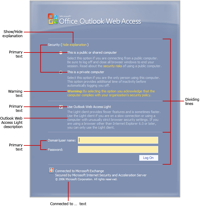 Outlook Web Access logon page text options