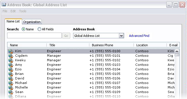 Address lists displayed in Outlook 2007