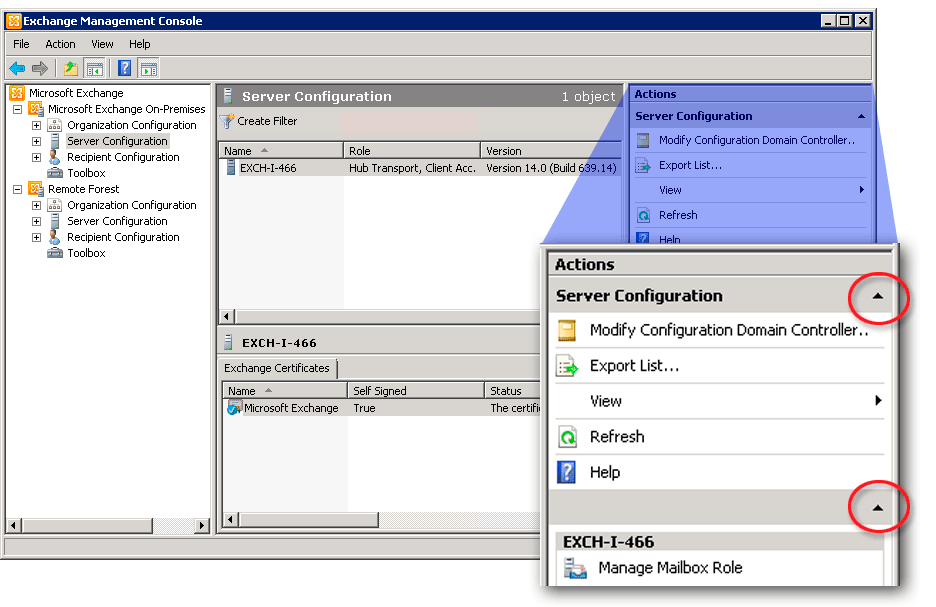 Exchange Management Console showing Action pane